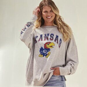 NEW Kansas Jayhawks KU Oversized Vintage Crewneck Pullover Sweatshirt Women's M